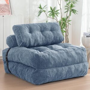 maxyoyo folding sofa bed, convertible sleeper chair with pillow foldable mattress with back support, portable fold out sofa couch fuzzy fabric comfy floor sofa lounge for living room, dusty blue