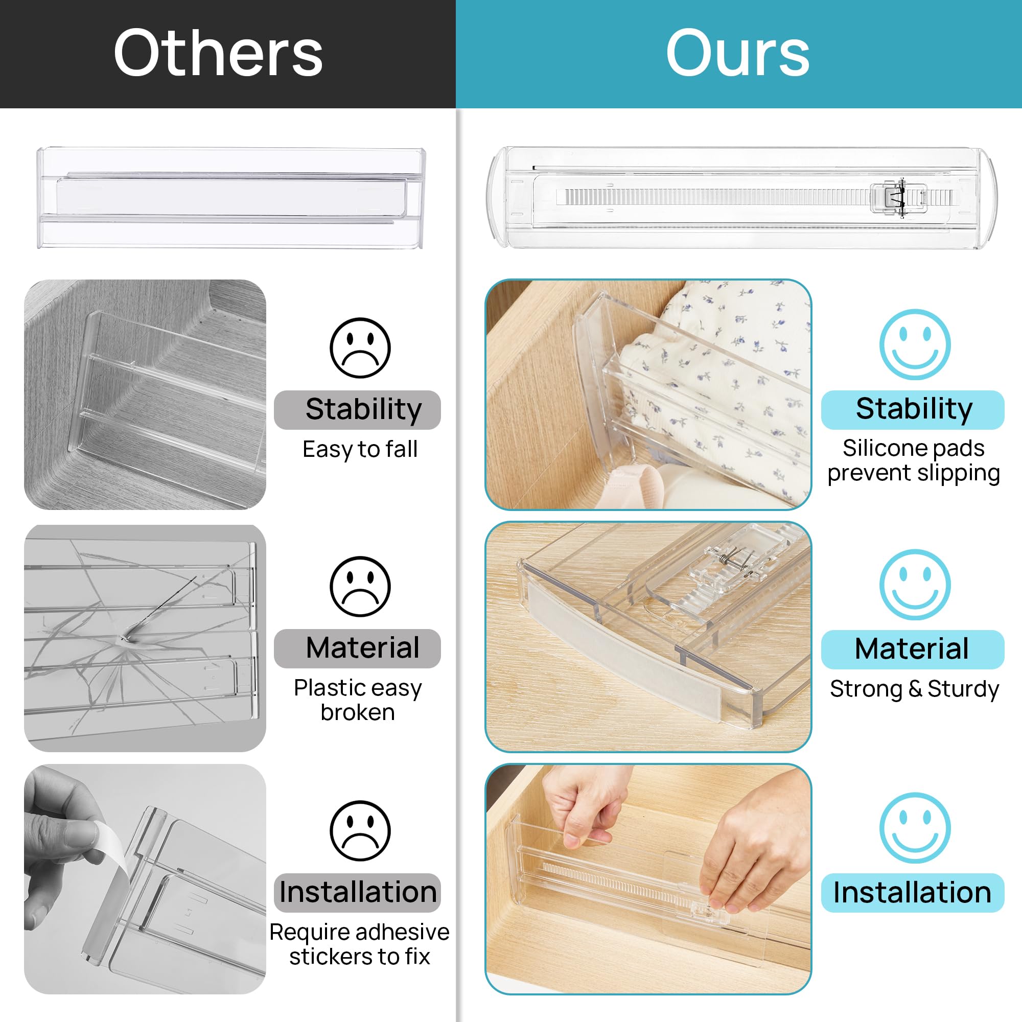 Vtopmart 8 Pack Drawer Dividers for Clothes, Adjustable 4" High Expandable from 10.6"-17" Dresser Drawer Organizer, Clear Plastic Drawer Separators for Baby Clothes, Underwear, socks, Easy to Assemble