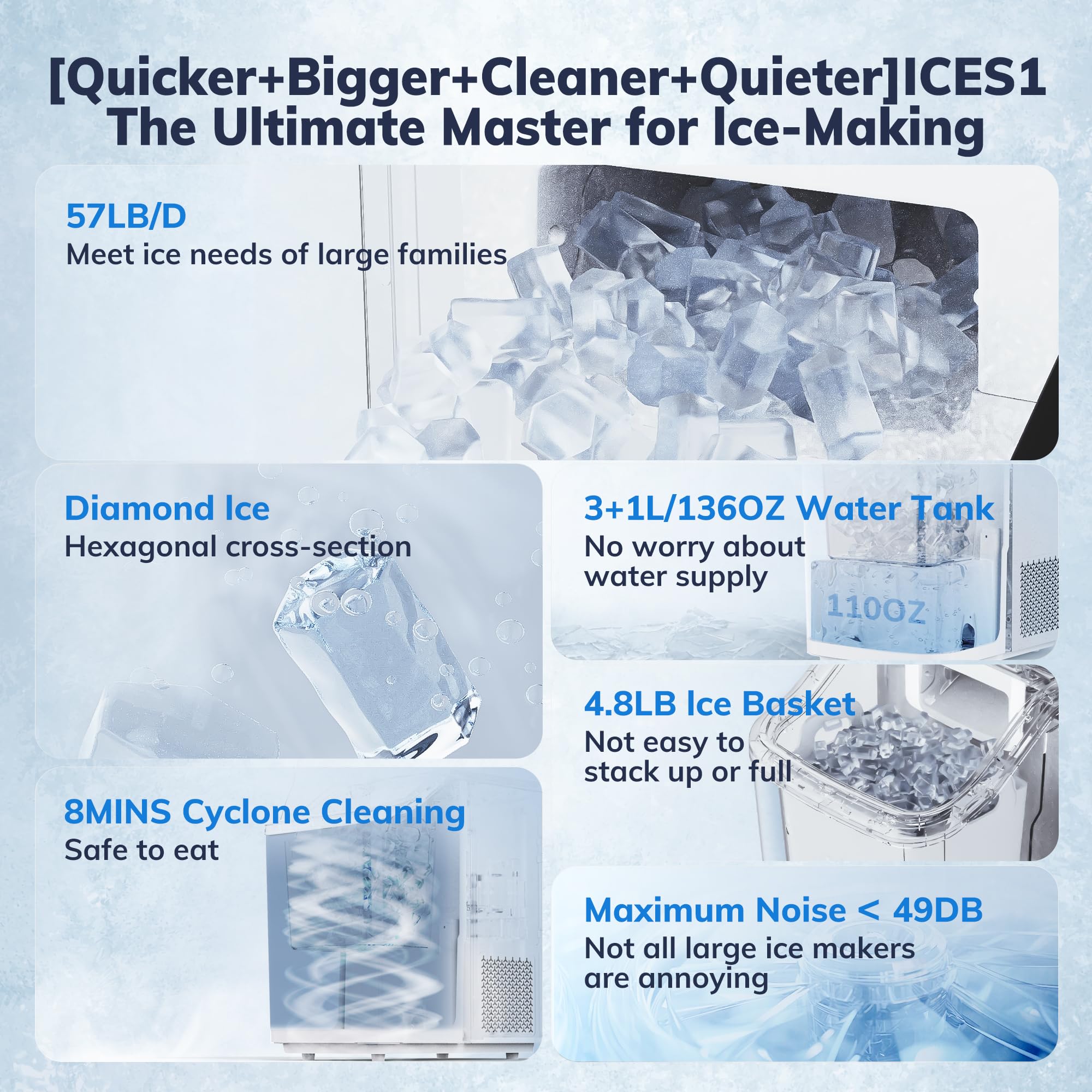 57LB/D AEOCKY Nugget Ice Maker with 4.8LB Ice Bin & 136OZ Tank, Large Sonic Ice Machine Countertop with Water Hose, Compatible with Smart Plug, Self Cleaning, for Big Family, Party, Camping, RV