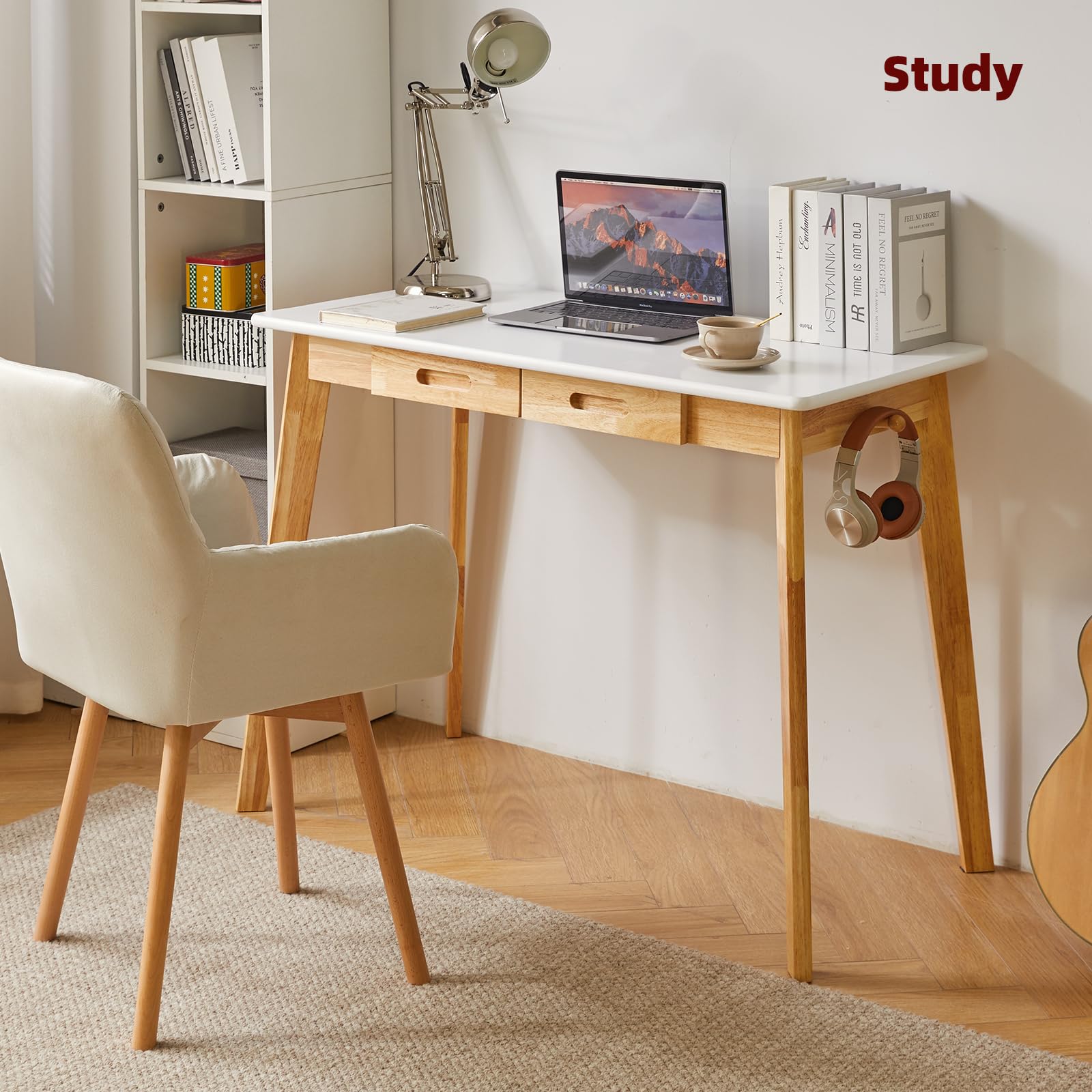 Aibiju Small Computer Desk Table, Wood Writing Desk with Drawer and Hanging Rod, 39x20x30inch Study Desk, Work Desk, Wooden Dining Table White + Natural Wood Legs YD-WD01WN