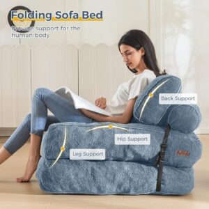 MAXYOYO Folding Sofa Bed, Convertible Sleeper Chair with Pillow Foldable Mattress with Back Support, Portable Fold Out Sofa Couch Fuzzy Fabric Comfy Floor Sofa Lounge for Living Room, Dusty Blue