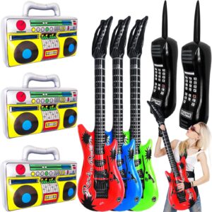 8 pcs inflatable radio boombox retro inflatable mobile phone rock inflatable guitar toy set,blow up props for 80s 90s party decorations,hip hop theme birthday party supplies