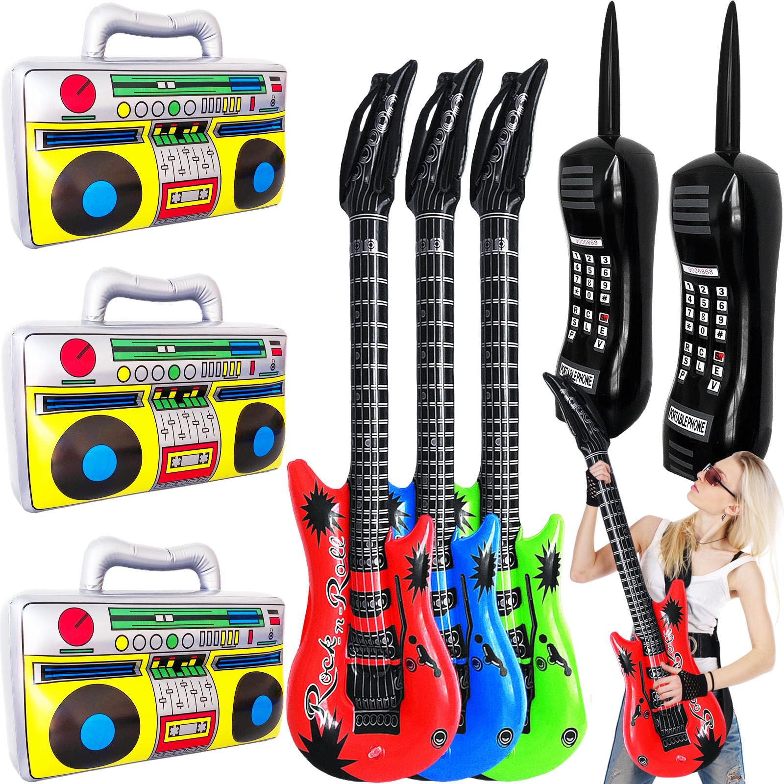 8 Pcs Inflatable Radio Boombox Retro Inflatable Mobile Phone Rock Inflatable Guitar Toy Set,Blow up Props for 80s 90s Party Decorations,Hip Hop Theme Birthday Party Supplies