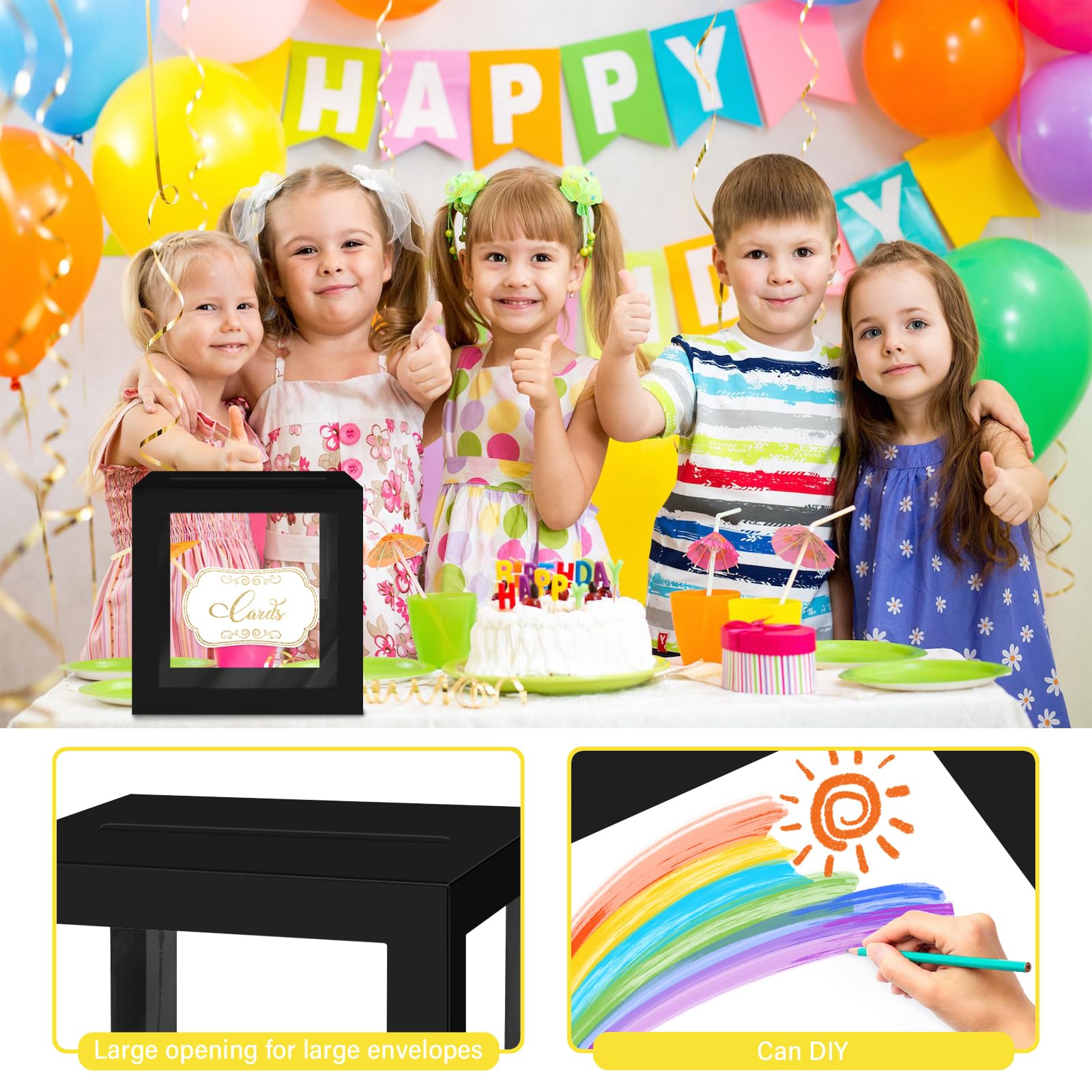 LIKAJON 1 Pack Black Card Box for Party, Transparent Wedding Card Box Gift Cards Receiving Box Money Box for Birthday, Bridal or Baby Showers, Retirement, Anniversary, Graduation, Raffle Ticket Box