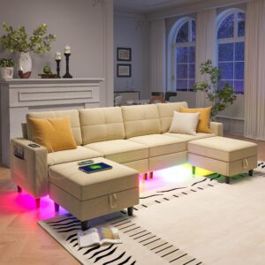 FOMNEY Sectional Couche for Living Room, Modular U Shaped Sofa Couchs with RGB Lights and Charging Ports, 6 Seat Convertible Sectional Sofa with Storage Ottoman (Beige)