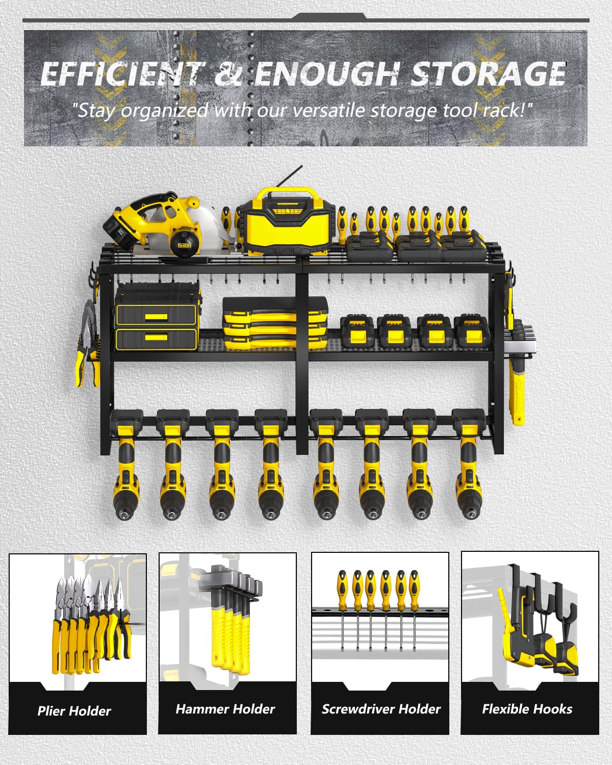 Birodeko Power Tool Organizer Wall Mount, Heavy Duty Utility Tool Rack with 8 Drill Holders and 3-Layer High Capacity Storage Rack for Cordless Tool Screwdriver Plier Hammer Holder