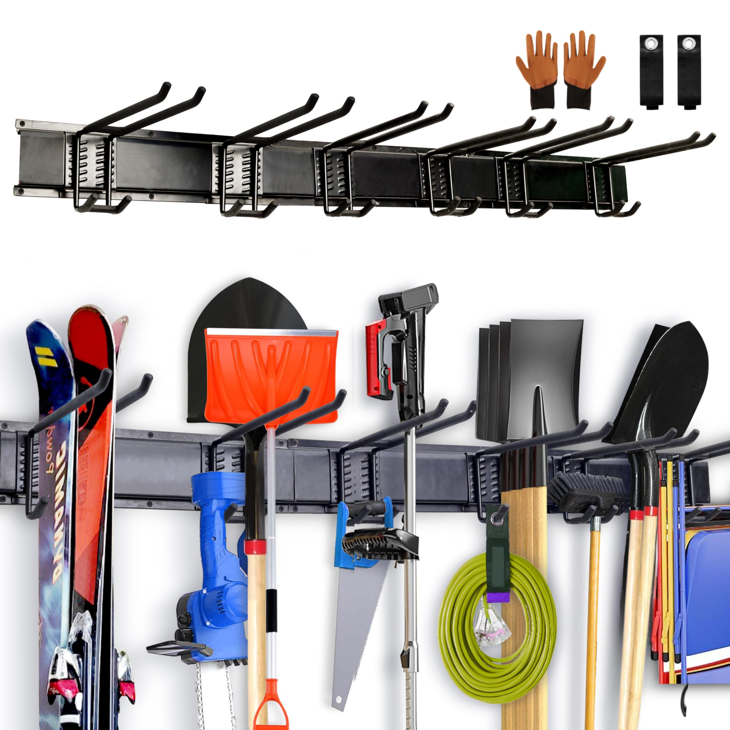 Gardi Beast Wall mount Tool Storage Rack - Heavy Duty Garden Tool Organizer, Garage Organization Hold Up to 350lbs - with 6 Double Layer Wall Hooks and 16"x3 Rails (48 inch total) Glove & Straps Black