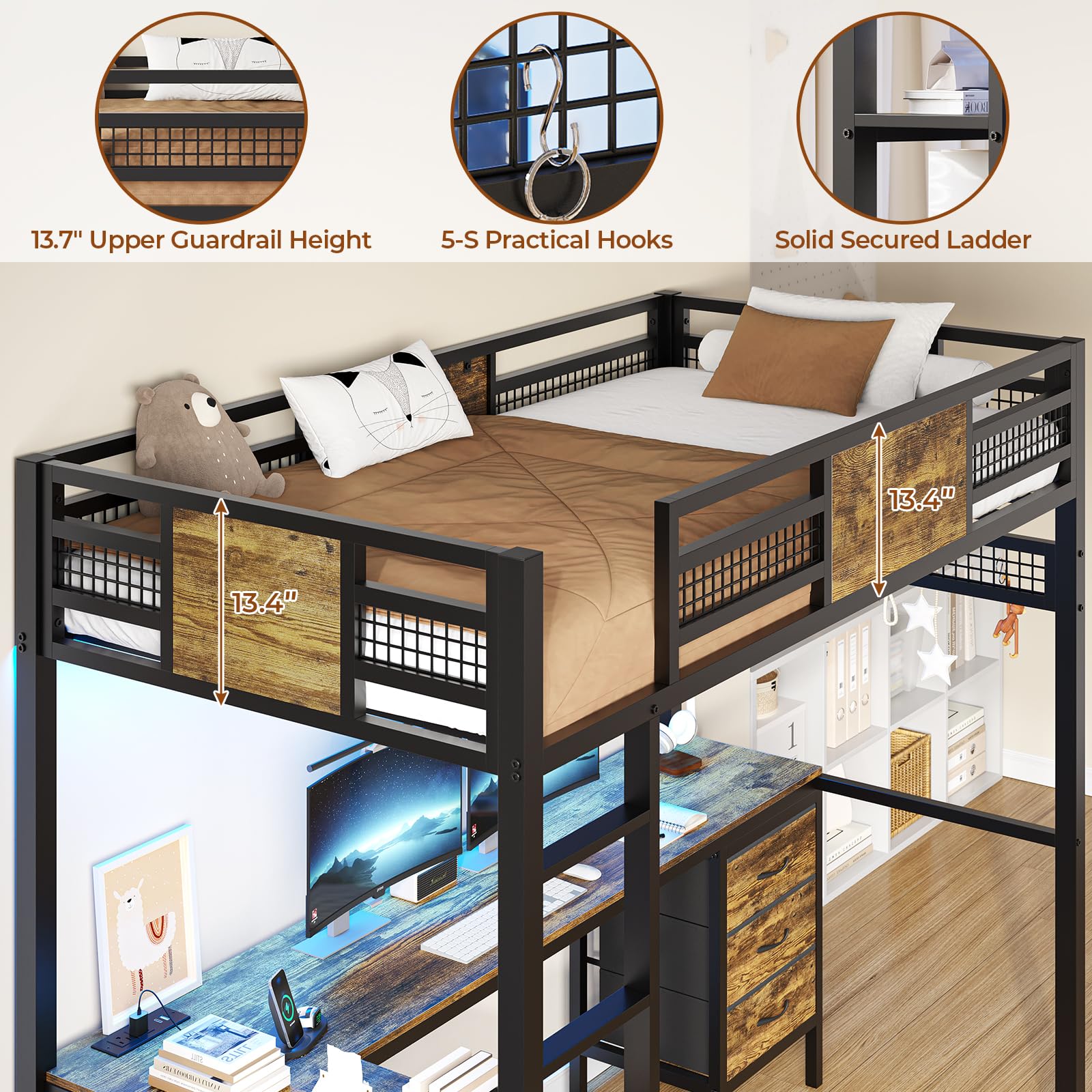 BTHFST Twin Loft Bed with L-Shaped Desk, Metal Twin Size Bed Frame with LED Lights & Charging Sation, 3 Fabric Drawers, 2-Tier Storage Shelves, Safety Guard & Ladder, No Box Spring Needed