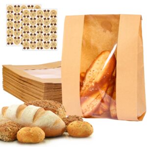 moretoes sourdough paper bread bags, 50 packs bread bags for homemade bread, bread bags with window includes label seal stickers for baked food packaging storage (13.7x8.3x3.5 inch)