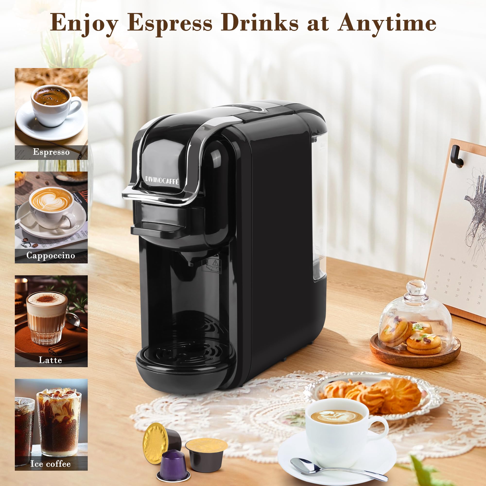 DIVINOCAFFÉ Espresso Maker for Nespresso Capsule, Lavazza Blue Capsule & Coffee Powder, 19 Bar Pump Pressure Makes Authentic Espresso Coffee, Mini Espresso Coffee Machines with Removable Water Tank.