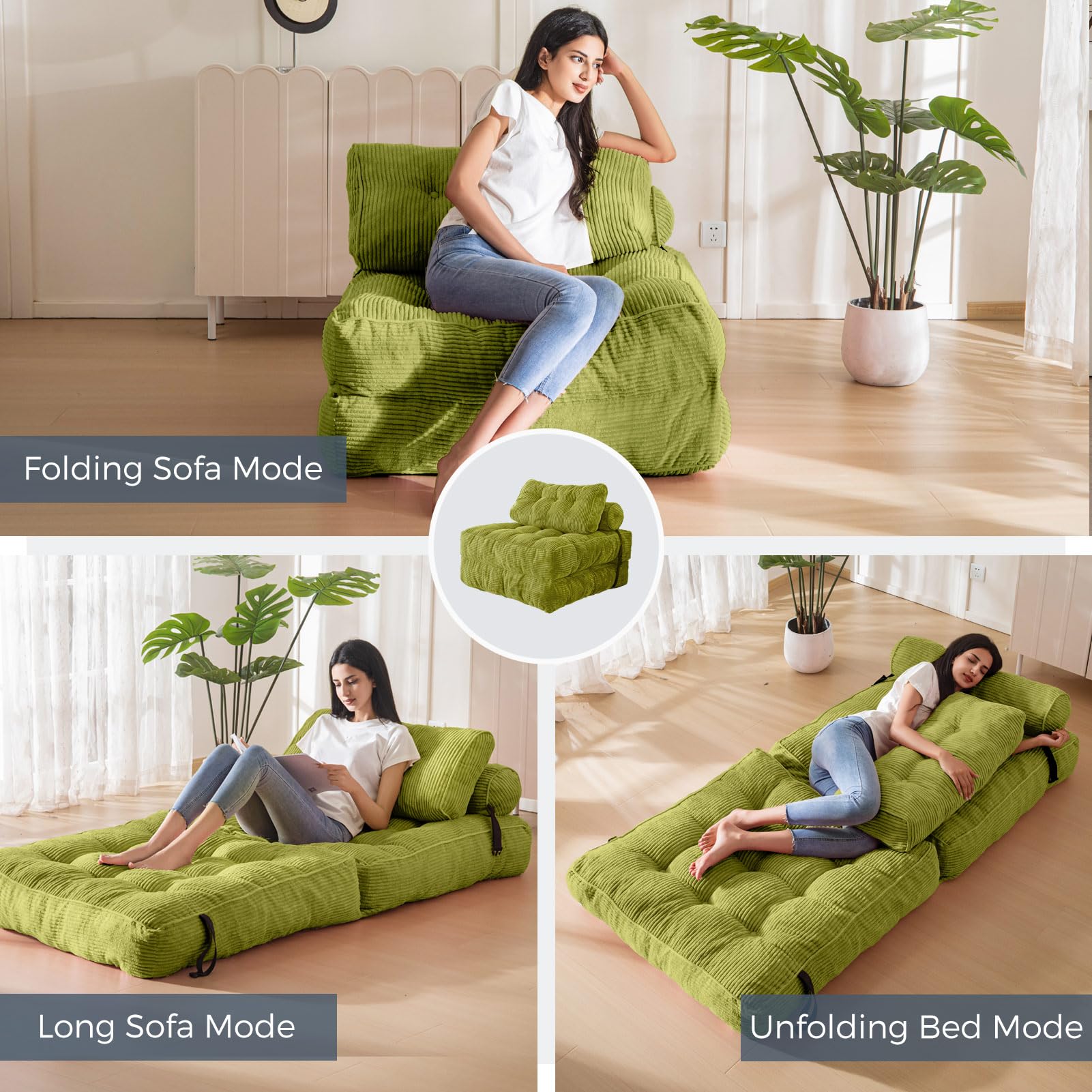 MAXYOYO Folding Sofa Bed, Convertible Sleeper Chair with Pillow Foldable Mattress with Back Support, Portable Fold Out Chair Bed Comfy Floor Sofa Lounge for Living Room Bedroom, Green, Single