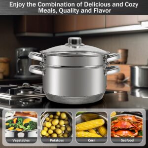 AuFranc® 4 Quart 18/10 Stainless Steel Tri-ply Stockpot and Steamer with Tempered Glass Lid, Multipurpose Steamer Pot Compatible with All Cooktops, Non-Toxic Soup Pot, Oven & Dishwasher Safe (Silver)