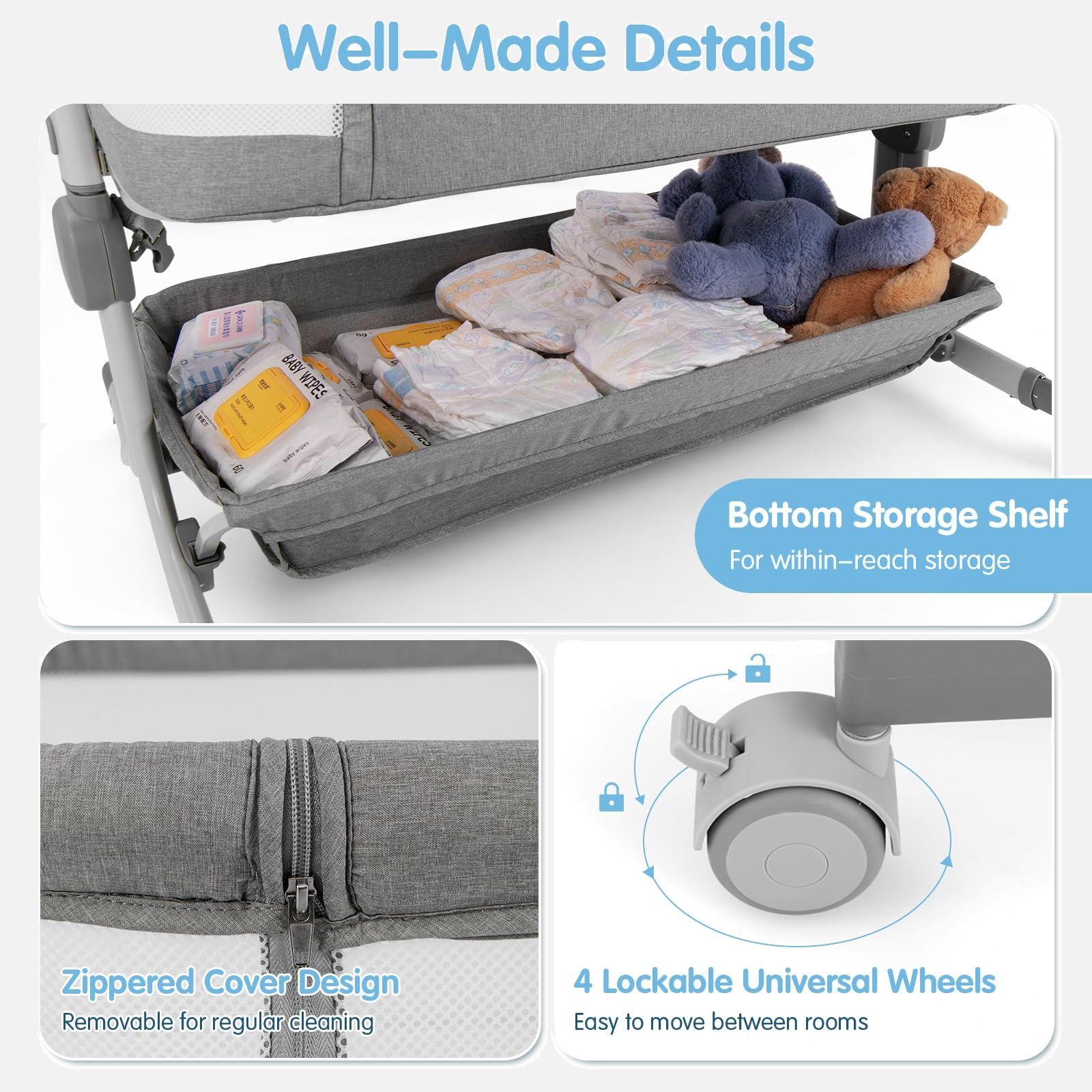 INFANS 3 in 1 Baby Bassinet, Bedside Sleeper with Comfy Mattress, Wheels, 6 Height Adjustable, Storage Basket, Travel Bag, Portable All Mesh Crib for Newborn Infant (Gray)