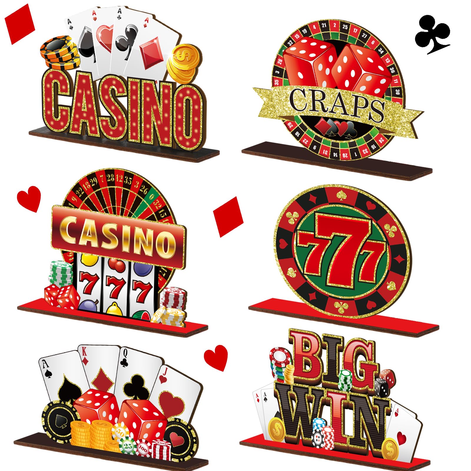 Juexica 6 Pcs Casino Party Decoration Casino Table Signs Casino Night Table Centerpieces Wooden Las Vegas Themed Party Decorations Poker Decor for Housewarming Casino Bar Birthday Party Supplies