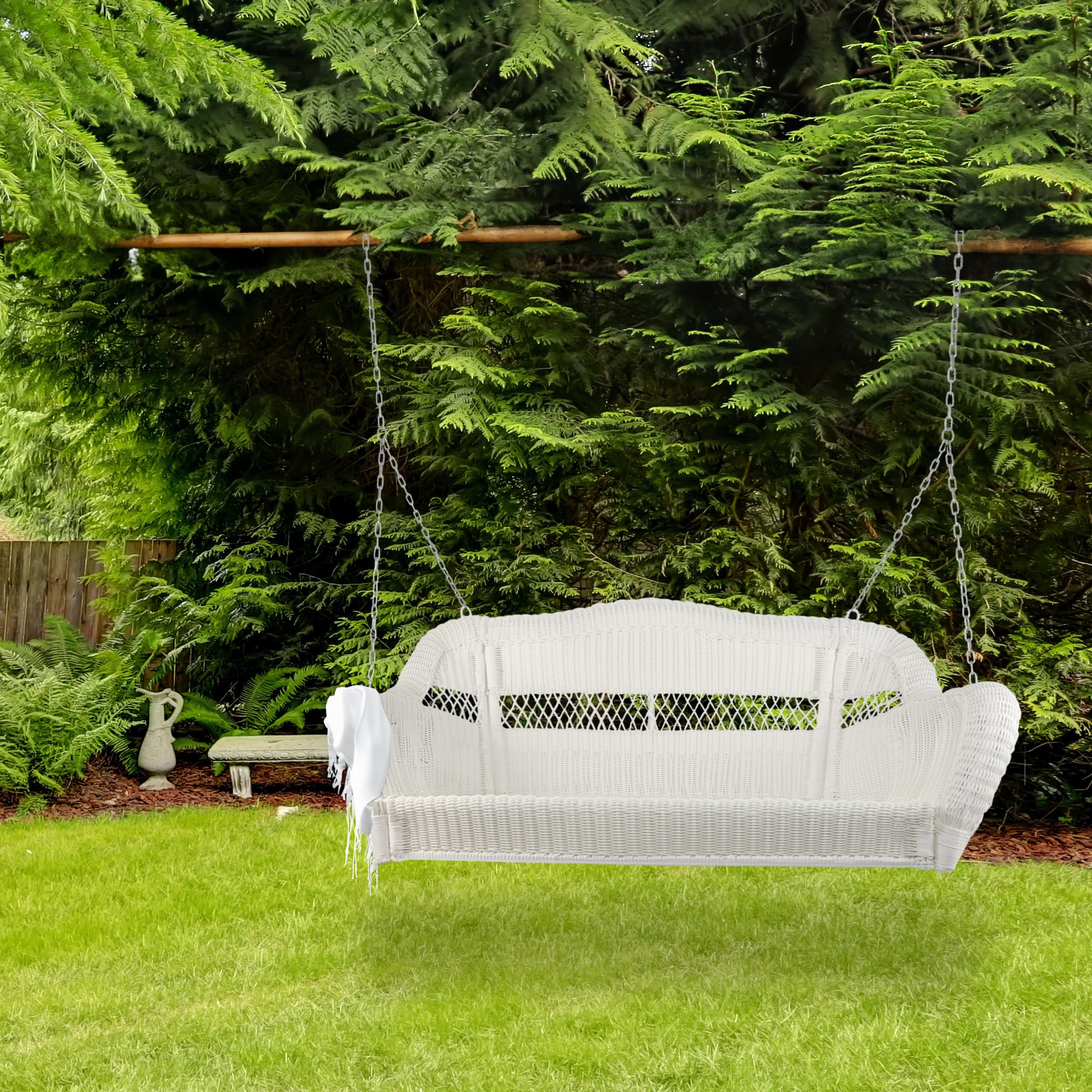 White Hand Woven Resin Wicker Hanging Porch Swing with Chain - Two Person