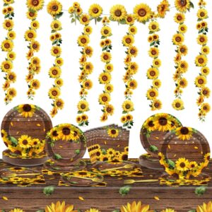 gisgfim 209pcs sunflower bridal birthday party supplies includes sunflower party plates napkins fork sunflower tablecloth banner hanging garland kit for summer bridal shower party decorations set