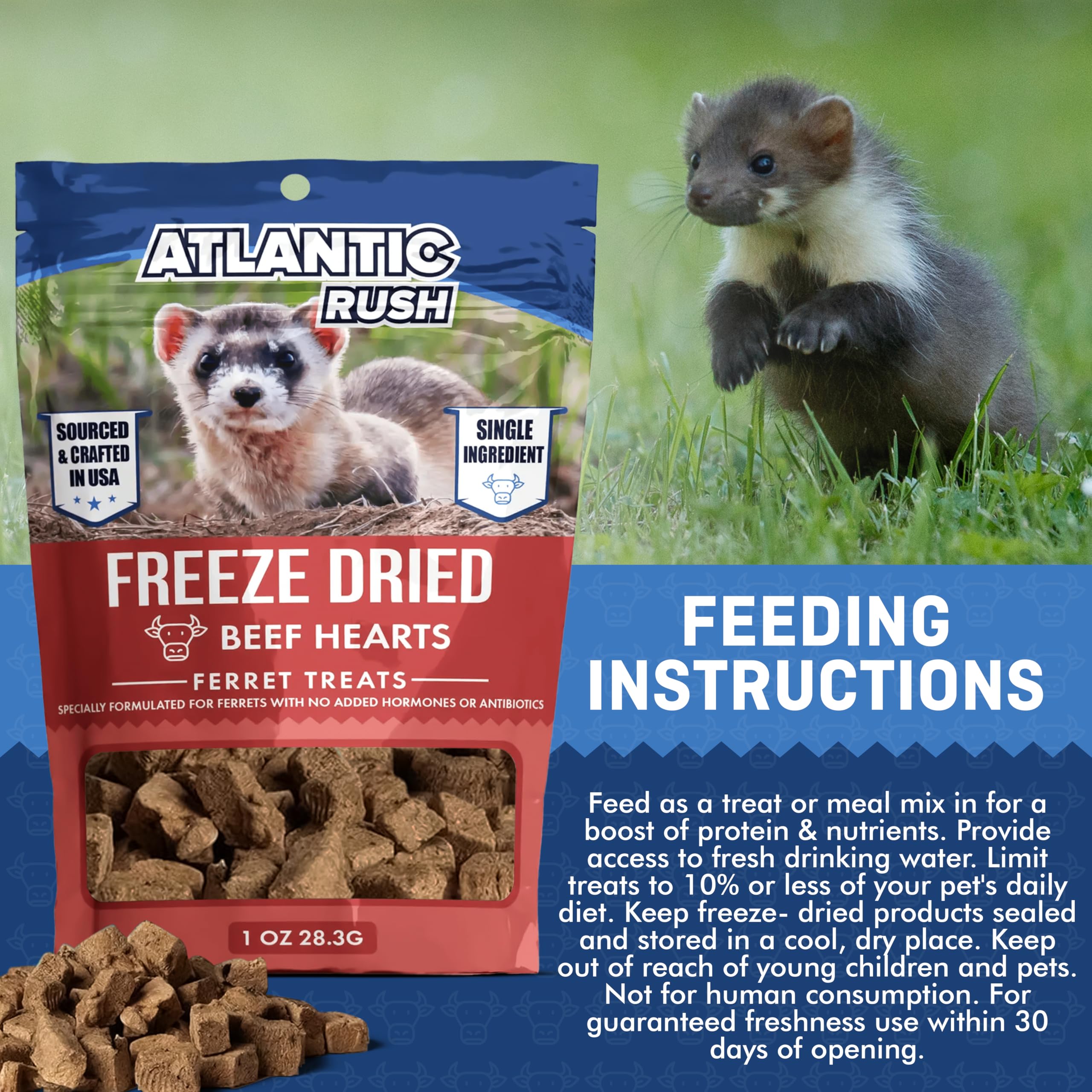 Freeze Dried Small Pet Treats - 1oz Resealable Bag of Treats for Ferrets - Ferret Snacks - Single Ingredient Ferret Food With No Preservatives Or Fillers- Small Animals Treats (1 oz, Beef Heart)