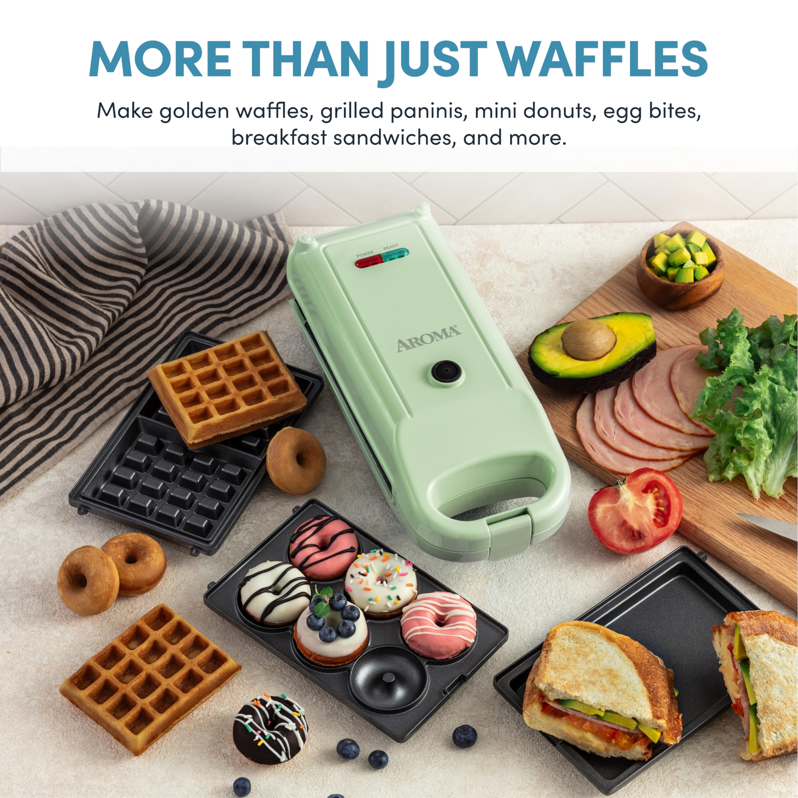 AROMA® Swap & Flip Waffle Maker with Removable Plates: 3-in-1 Panini Press, Mini Donut Maker, and Waffle Iron