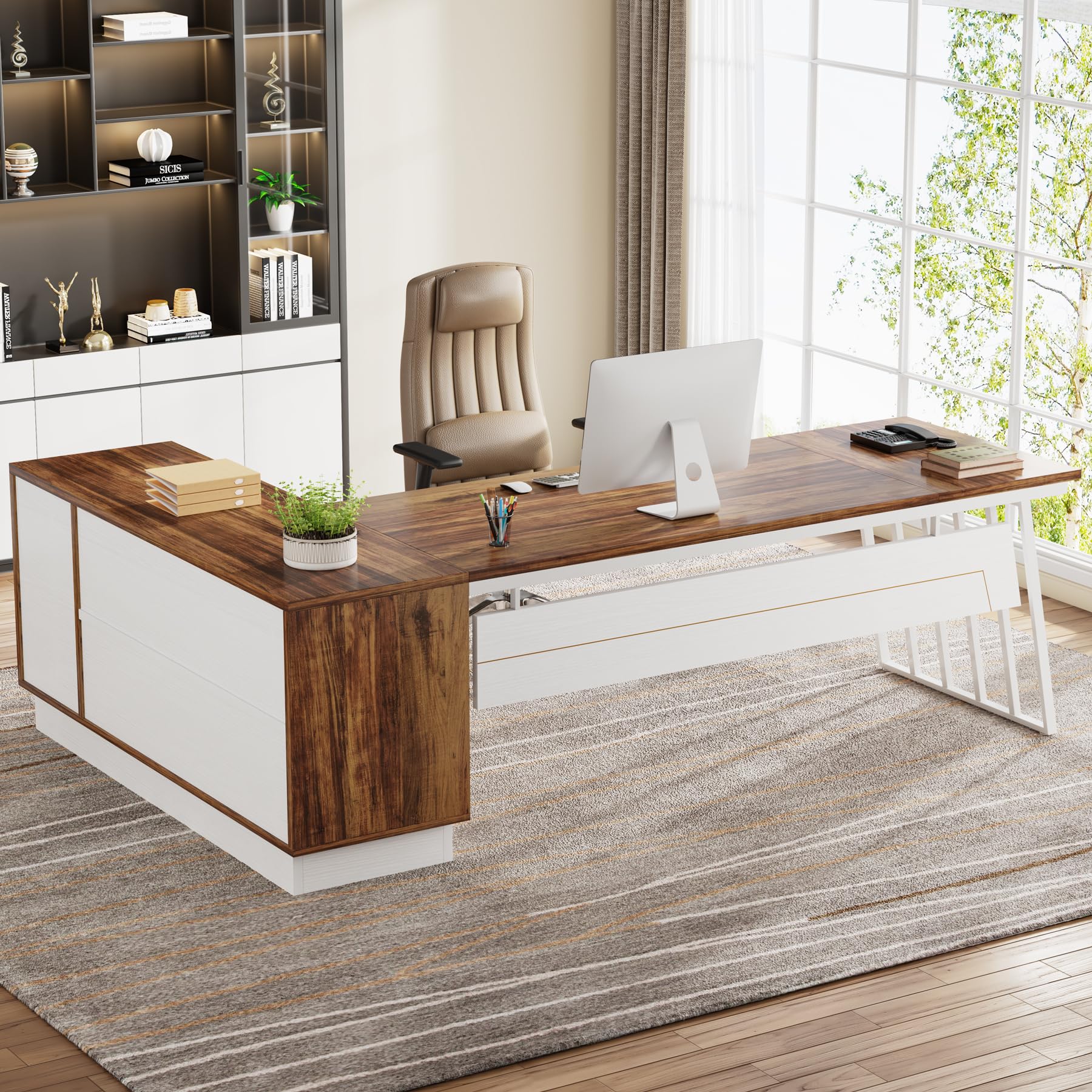 Tribesigns 71-Inch Executive Desk, L-Shaped Desk with Cabinet, Large Office Desk with Drawers and Storage Shelves, Writing Table Computer Desk for Home Office, Brown and White