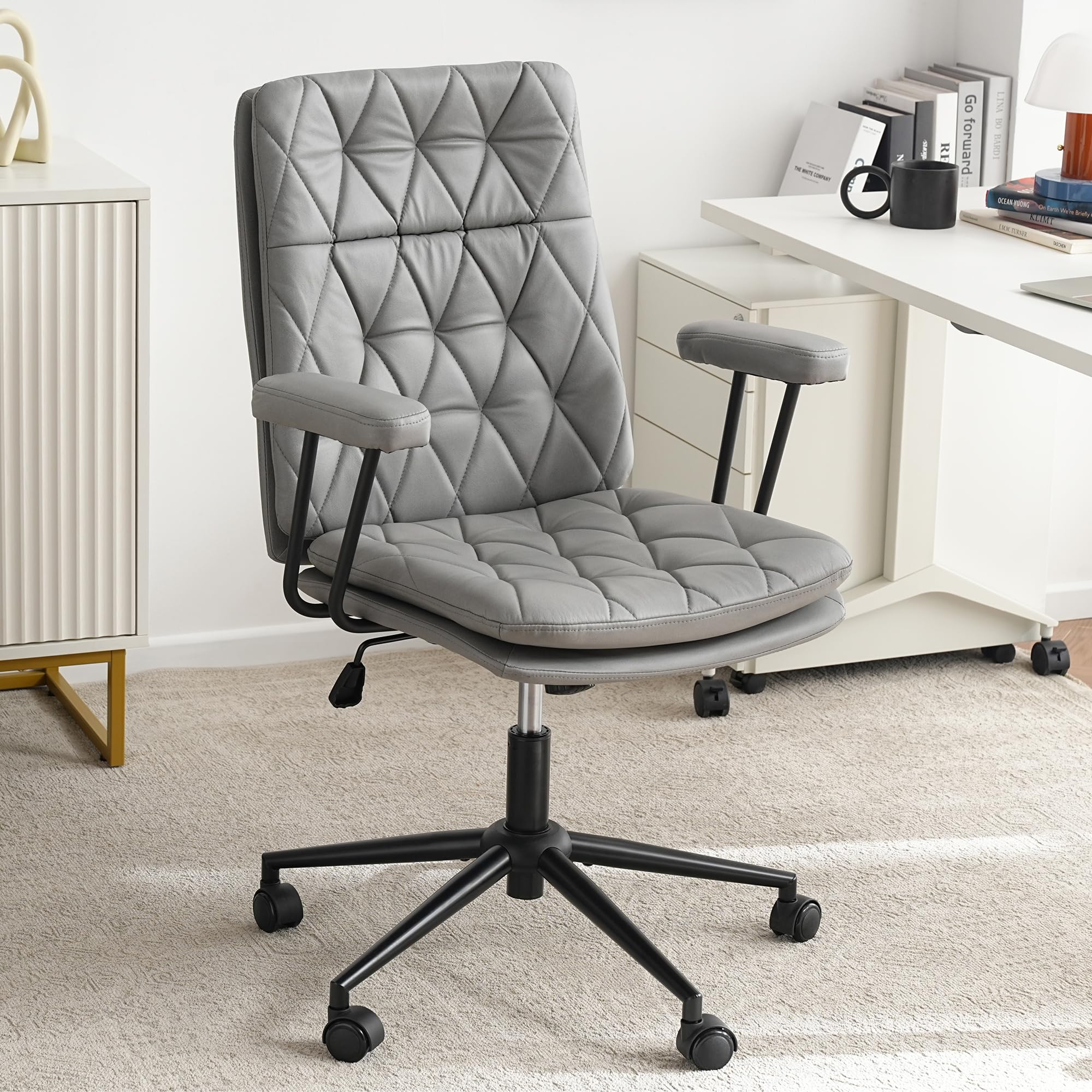 EYYTHUNG Executive Office Chair Mid Back Suede Fabric Desk Chair Modern Midback Cross Legged Chair with Wheels Height Adjustable Tilt Vanity Chair for Office, Meeting Room Grey