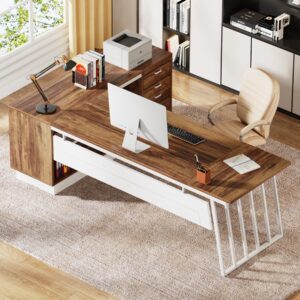 Tribesigns 71-Inch Executive Desk, L-Shaped Desk with Cabinet, Large Office Desk with Drawers and Storage Shelves, Writing Table Computer Desk for Home Office, Brown and White