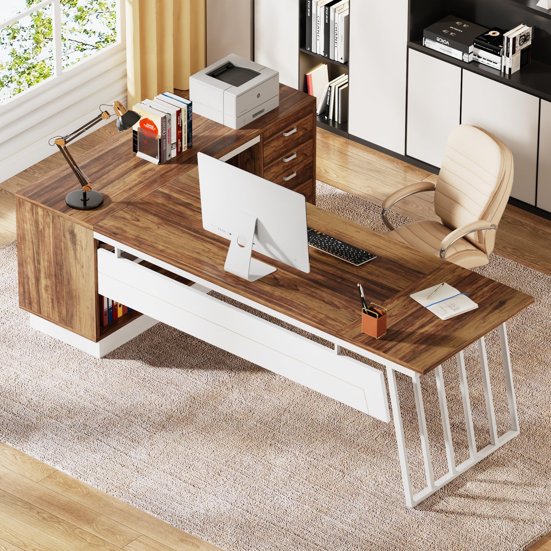 Tribesigns 71-Inch Executive Desk, L-Shaped Desk with Cabinet, Large Office Desk with Drawers and Storage Shelves, Writing Table Computer Desk for Home Office, Brown and White