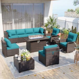 knnbxa 11 pieces patio furniture set modular outdoor set with 2 swivel chairs outdoor sectional wicker rattan sofa set w/55000 btu fire pit conversation set for backyard porch-blue