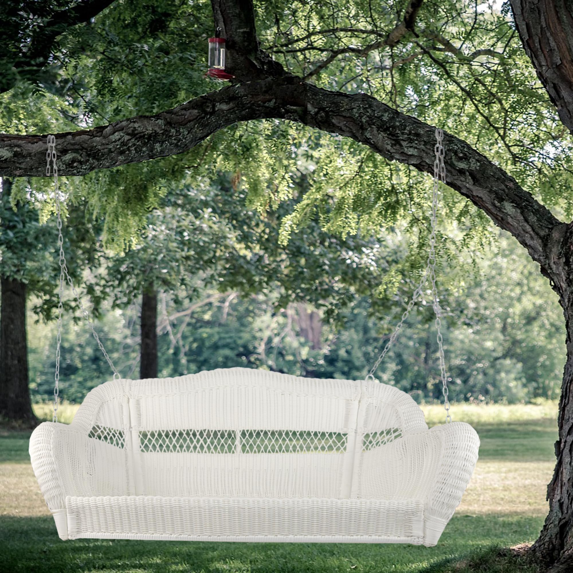 White Hand Woven Resin Wicker Hanging Porch Swing with Chain - Two Person