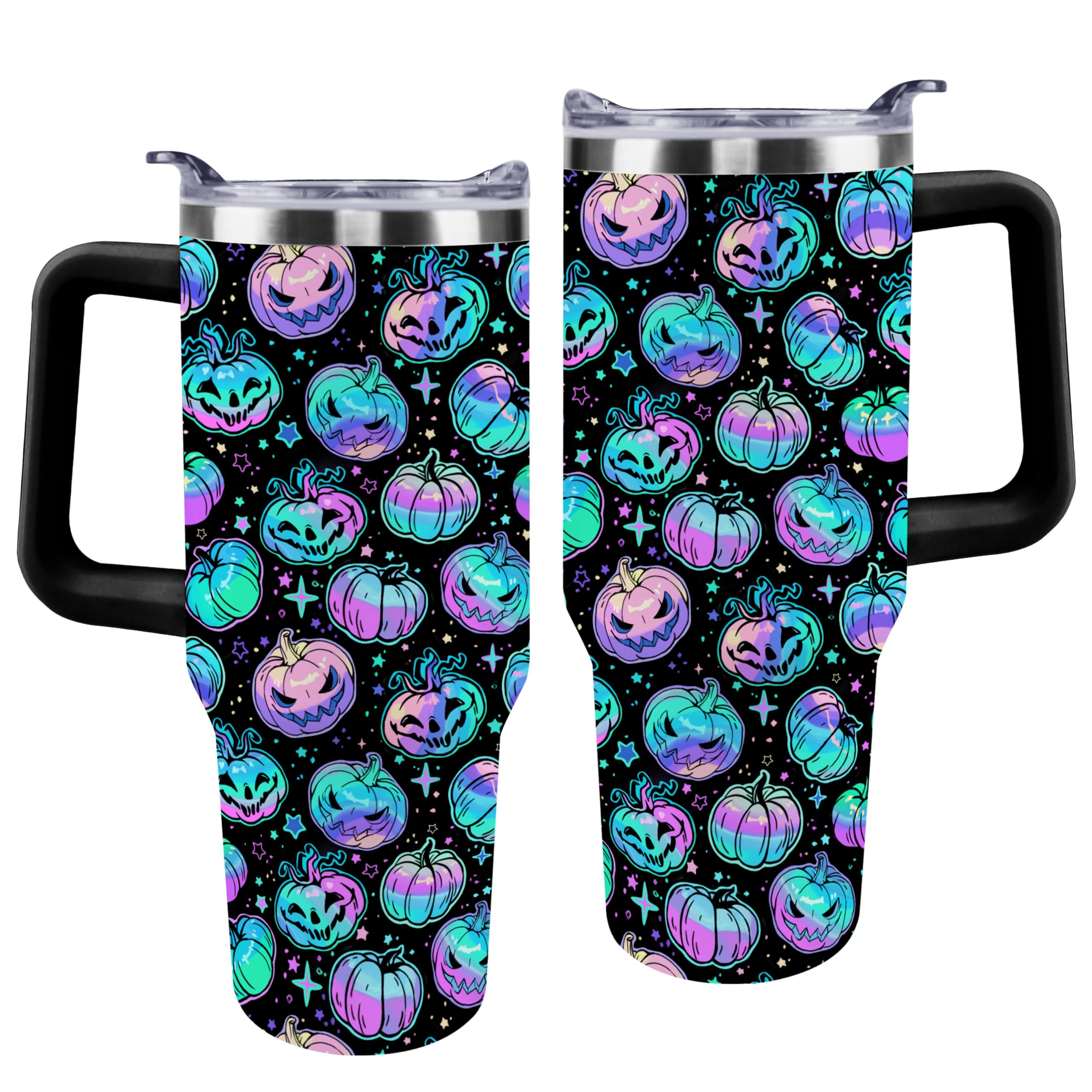 Halloween Tumbler, Spooky Neon Pumpkin Mug Cup Ghost Tumblers with Handle and Straw 40 oz, Halloween Gifts for Friends Family Insulated Water Bottle