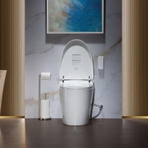 WOODBRIDGE Smart Bidet Toilet, Auto Open & Close, Auto Flush, Foot Sensor Operation, Heated Seat and Integrated Multi Function Remote Control in White,EBT 700