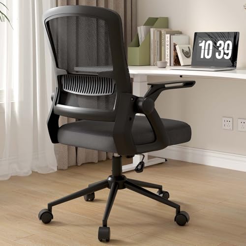 naspaluro Office Computer Desk Chair Ergonomic Mesh Flip-Up Arms Comfy Chair with Mid Back Cushion Lumbar Support Adjustable Height Tilt Swivel Chair for Home Bedroom Study Working, Black