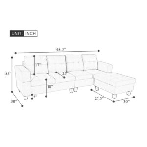 FANCUF 98.5'' Fabric Couch, L-shape Selctional Sofa for Living Room with Ottoman Left and Right Interchangeable