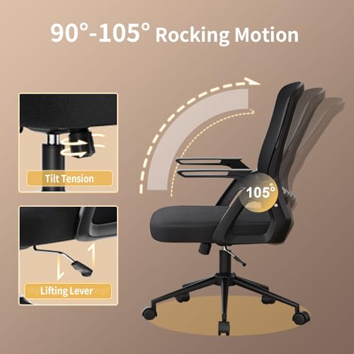 naspaluro Office Computer Desk Chair Ergonomic Mesh Flip-Up Arms Comfy Chair with Mid Back Cushion Lumbar Support Adjustable Height Tilt Swivel Chair for Home Bedroom Study Working, Black