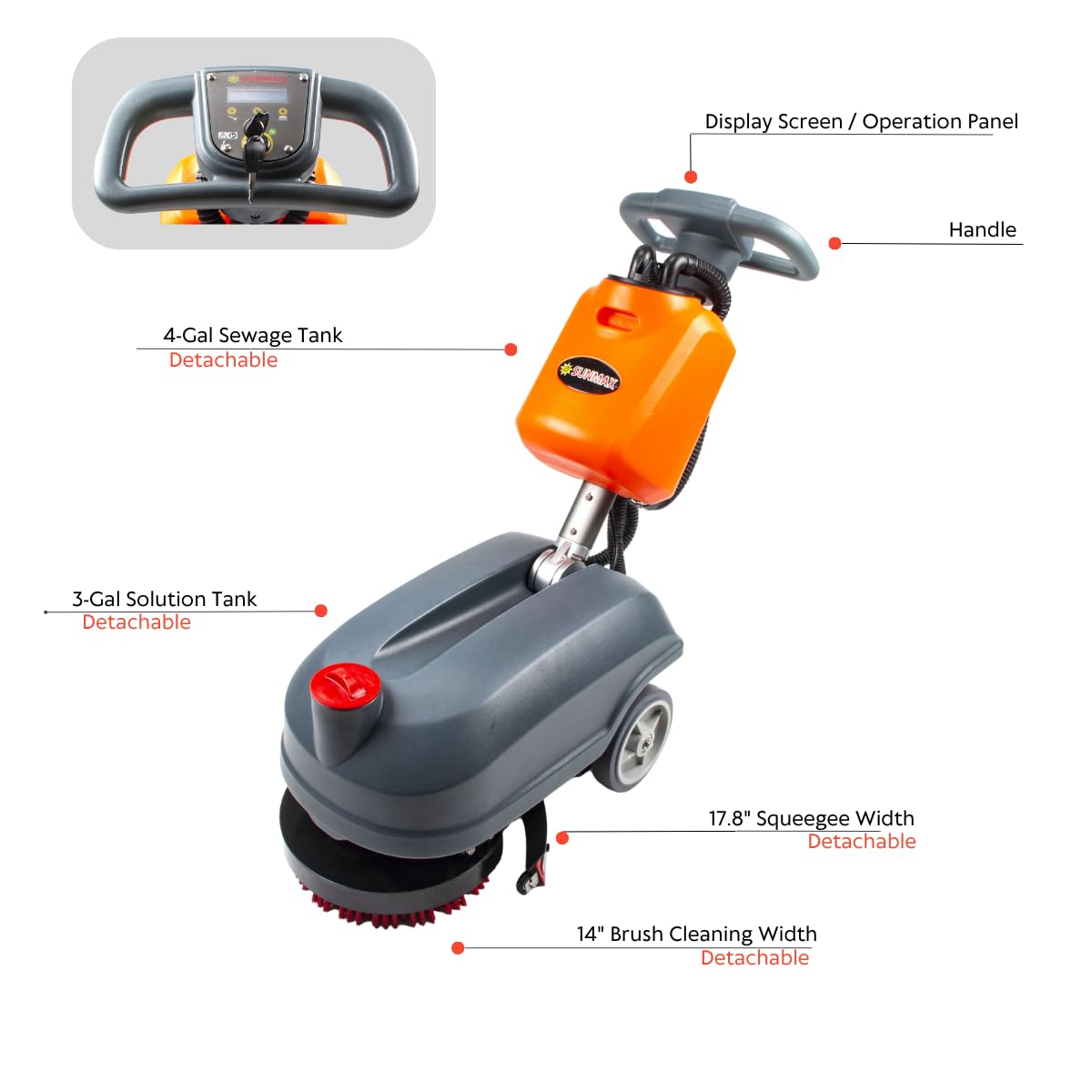 SUNMAX RT15 Compact Commercial Walk-Behind Floor Scrubber Machine, 14" Disc Brush, Battery Powered, 14,500 sqft/h Cleaning Efficiency