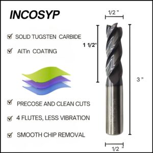 INCOSYP Carbide 1/2" Square End Mill - 4 Flutes AlTin Coated - 1/2" Shank - 1 1/2" Length for Cut - 3" Overal Length - HRC 55 - for Milling Alloy Steels, Hardened Steels, Stanless Steel.