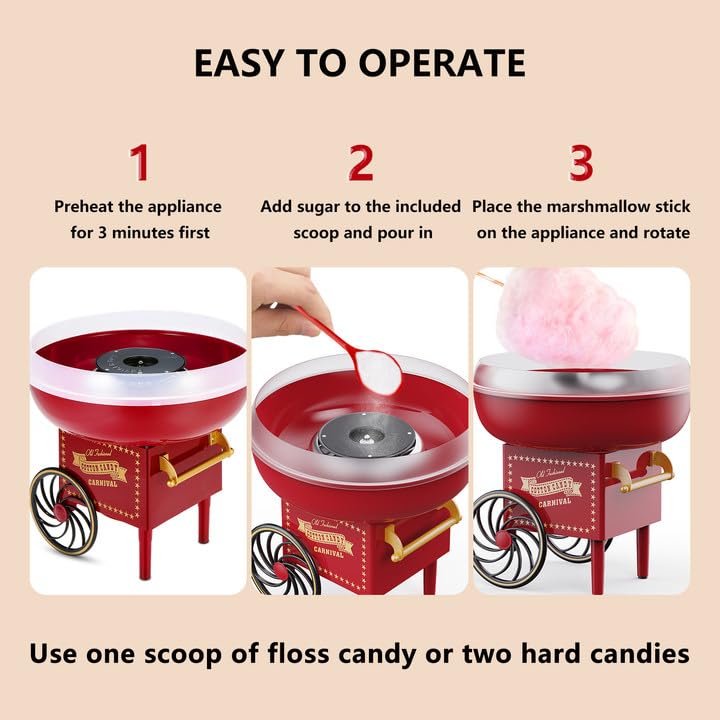 Cotton Candy Machine - Nostalgia Cotton Candy Machine with Sugar Scoop& 5 Reusable Cotton Buds, Cotton Candy Maker for Family Parties Kids Birthday & Fun Gatherings, Retro Red