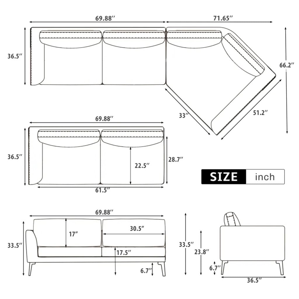 FANCUF Leather Corner Sectional Sofa with Metal Legs, Huge Corner Wedge Design, English Arm Sofa for Living Room, Grey