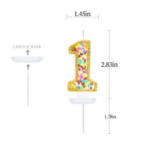 ElekFX 1st Birthday Candles for Cake with Sprinkles, Sweet One Birthday Party Decorations Rainbow Birthday Party Supplies, 2.76 inch Cake Topper Decorations Golden Edge (Number 1)