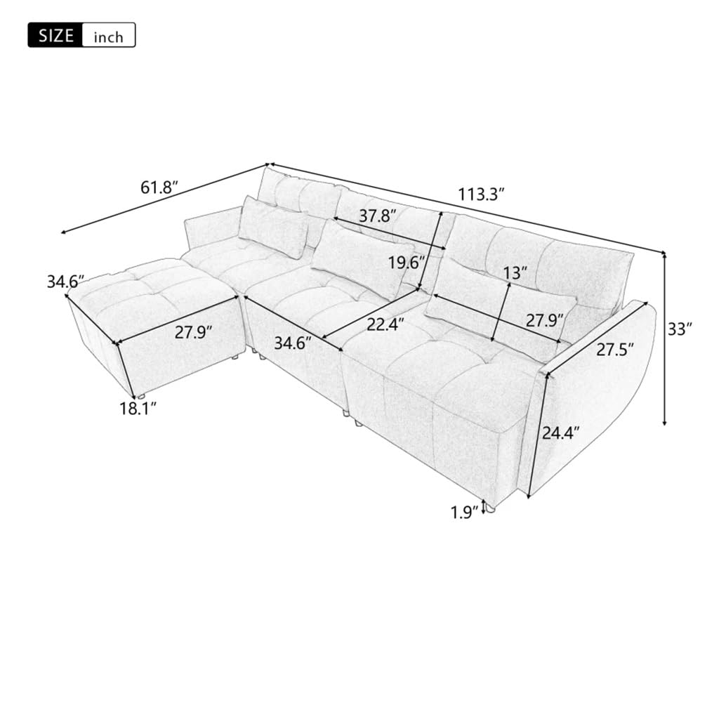 FANCUF 113.3" Sectional Sofa,Comfort Convertible Couch 3-Seat L-Shaped Sofa with Movable Ottoman and