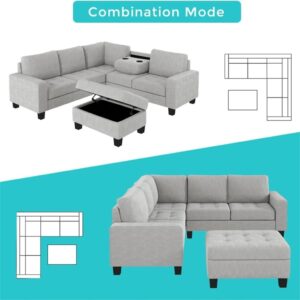 FANCUF Sectional Corner Sofa L-shape Couch Space Saving with Storage Ottoman Cup Holders Design for Large Space Dorm Apartment