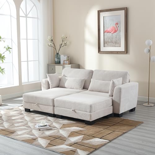 Reversible Modular Sectional Sofa Cloud Couch Convertible Corner Sofabed Daybed with 2 Movable Ottoman and Storage, Oversized Comfy Corduroy Upholstered Lounge Sofá Bed for Living Room, Apartment