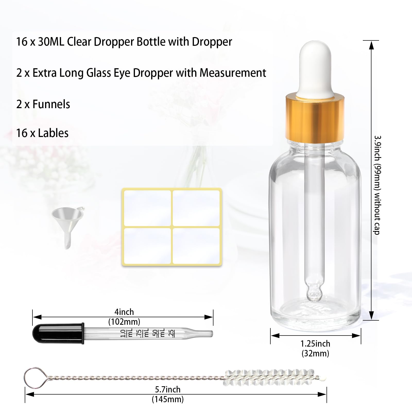 Asherxin 1oz Clear Glass Dropper Bottle with Dropper 16 pcs 30ml Dropper Bottle for Essential Body Oils with 2 Funnels & 2 Extra Glass Measured Pipette 1 Cleaning Brush & 16 Labels for Cosmetic/Travel