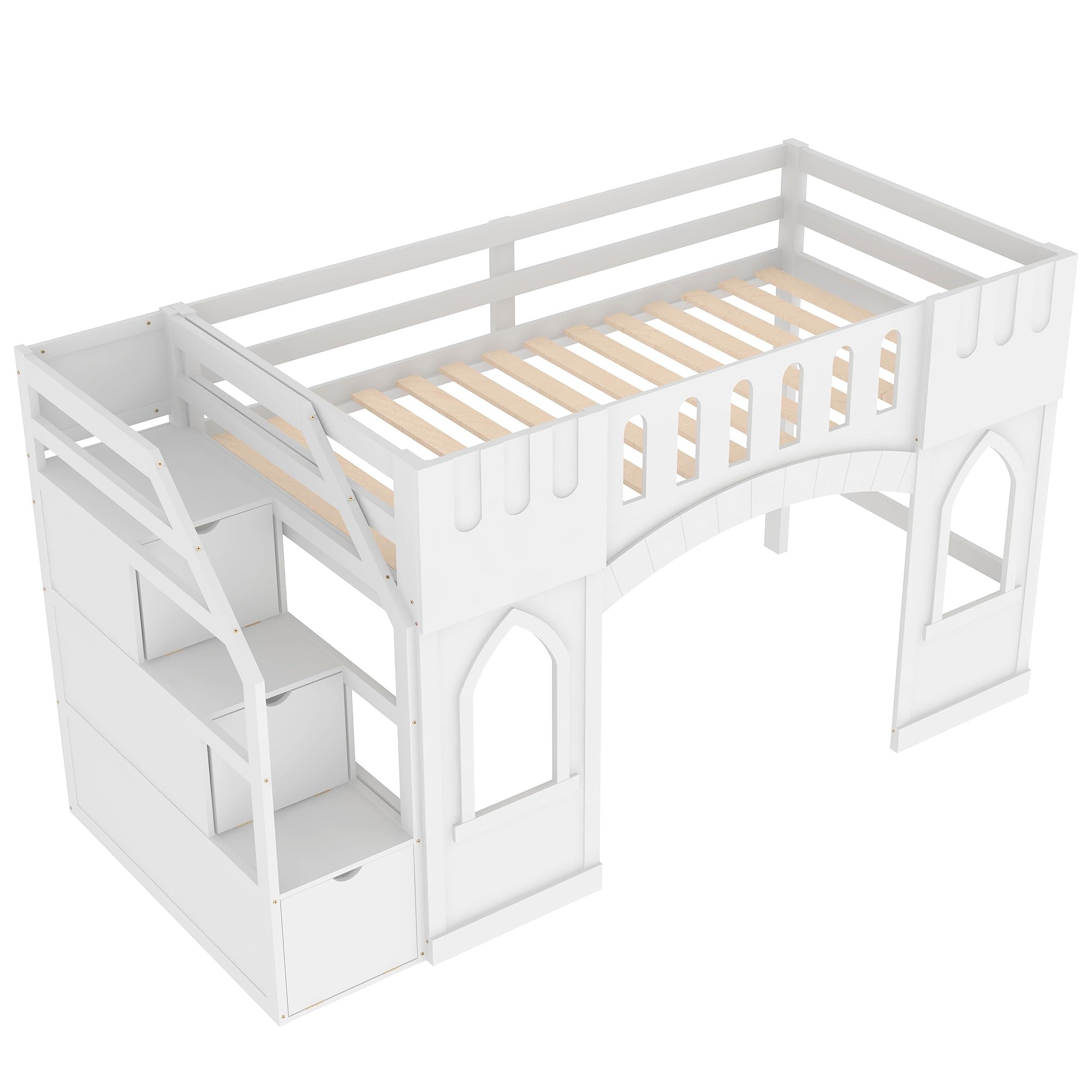 Linique Twin Size Loft Bed with Storage Staircase and 2 Window,Castle Playful Design Twin Loft Bed Frame with Space for Fun,White