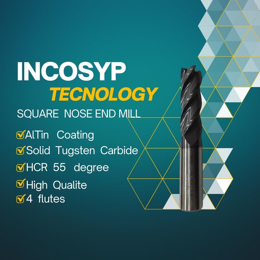 INCOSYP Carbide 1/2" Square End Mill - 4 Flutes AlTin Coated - 1/2" Shank - 1 1/2" Length for Cut - 3" Overal Length - HRC 55 - for Milling Alloy Steels, Hardened Steels, Stanless Steel.