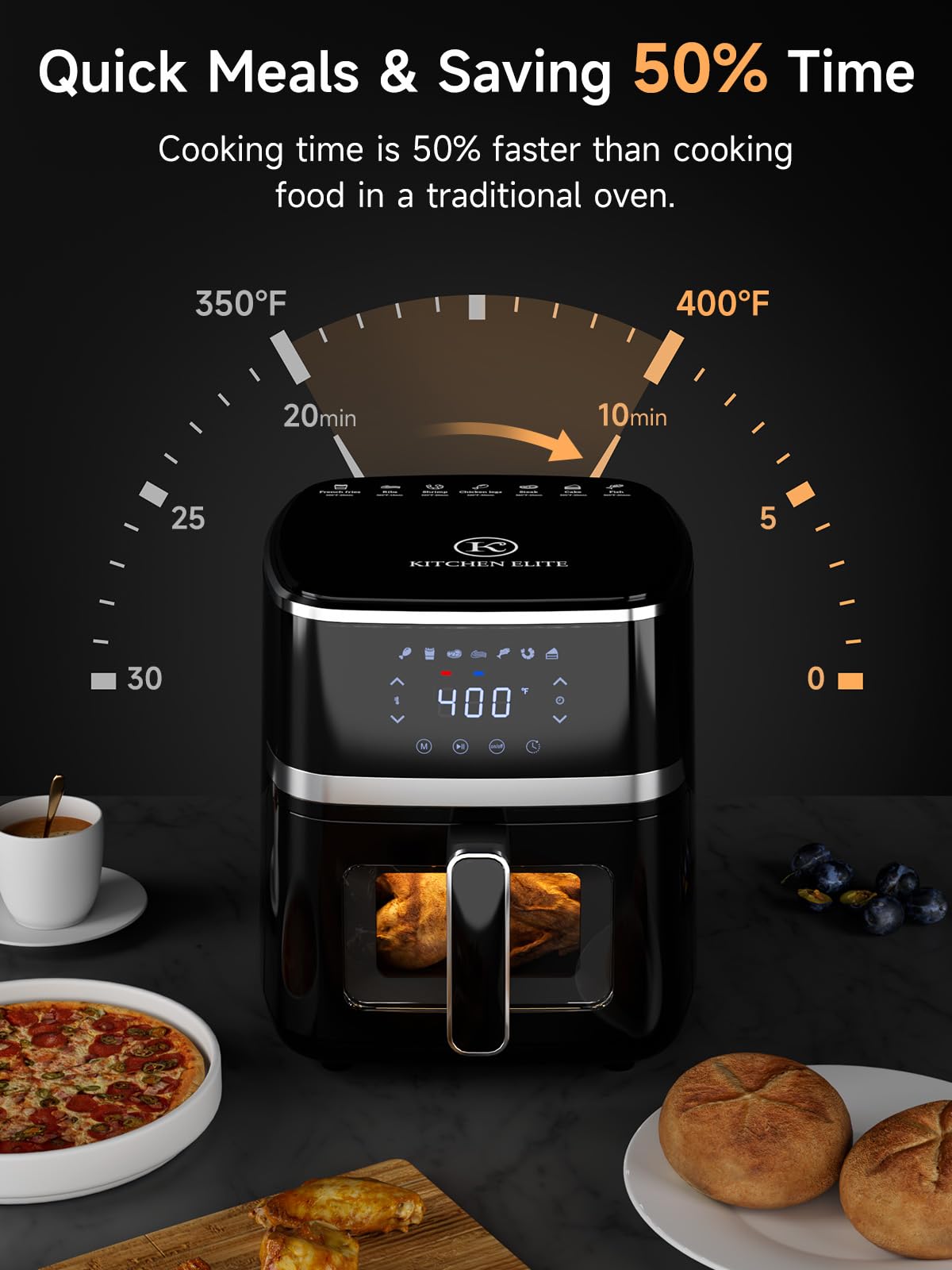 Kitchen Elite Air Fryer Oven 5.28 Qt, 7-in-1 Digital Display Compact Cooker with Easy View Windows，Space-saving, Nonstick and Dishwasher Safe Basket, Black