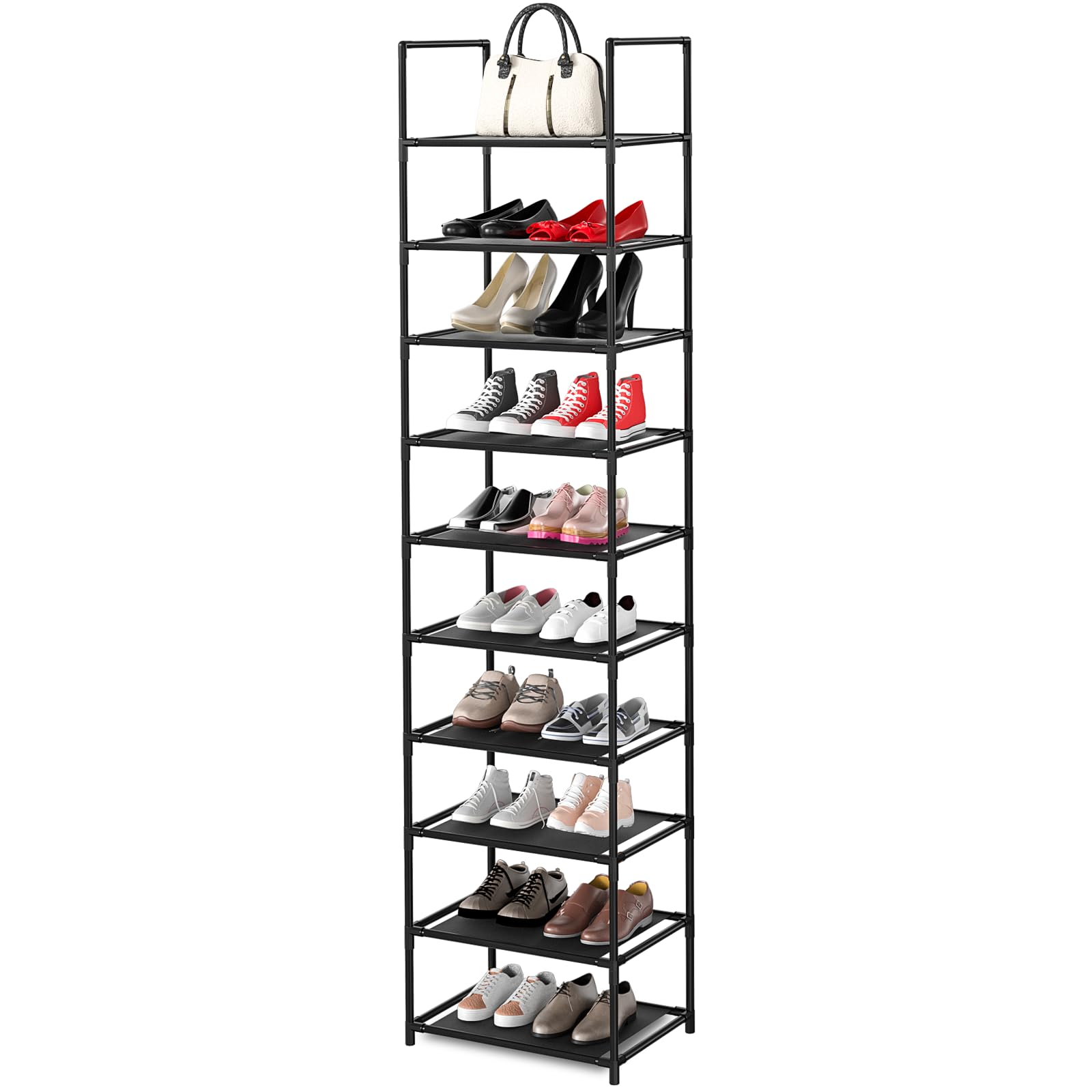 KKEETUR 10 Tier Shoe Rack, Tall Narrow Shoes Rack Storage Organizer 20-25 Pairs Boots Space Saving, Stackable Sturdy Metal Shoe Shelf for Closet, Entryway, Garage, Black