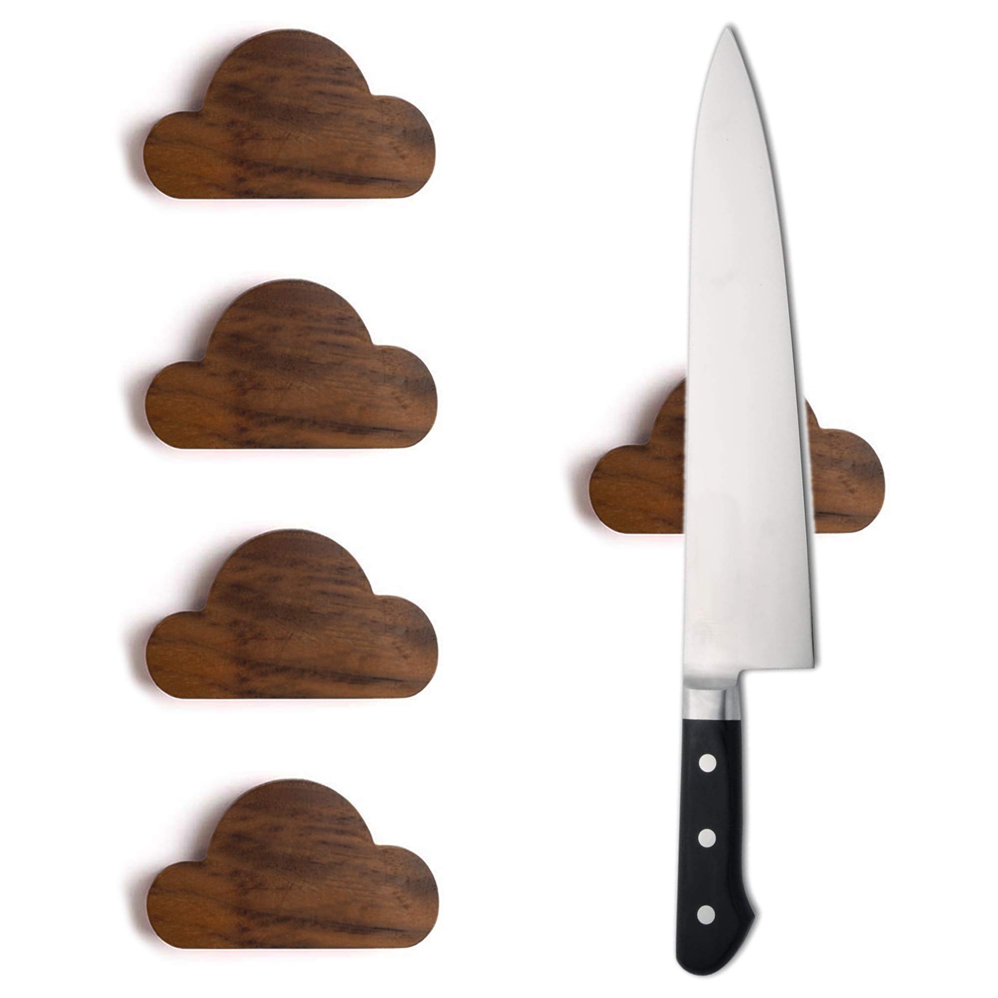 Powerful Magnetic Knife Strip,Cloud Shape Knife Holder/Key Holder for Home Kitchen & Wall Decor,Made from Solid Wood, 4pcs with Strong 3M Double-sided Tape Easy Setting (4)