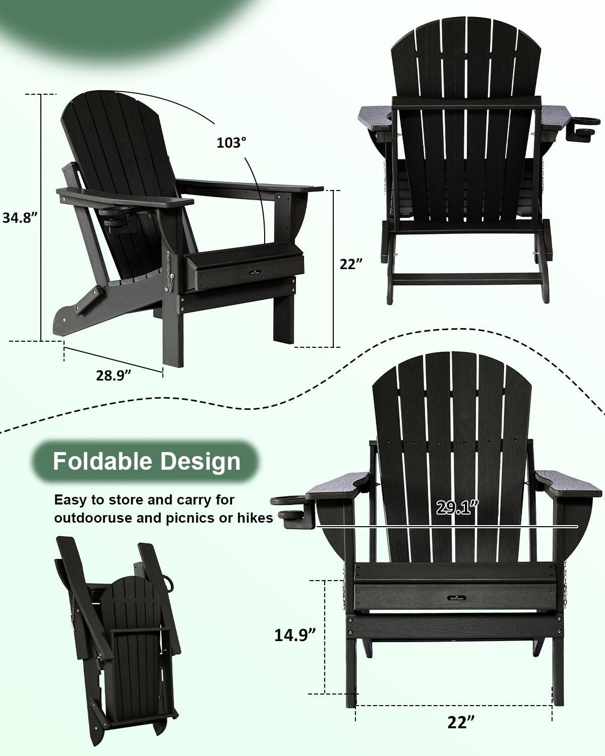 Withniture Folding Adirondack Chairs Set of 2, HDPE Adirondack Chair Wood Texture Plastic Adirondack Chairs with Cup Holder, Weather Resistant Fire Pit Chairs for Backyard Deck