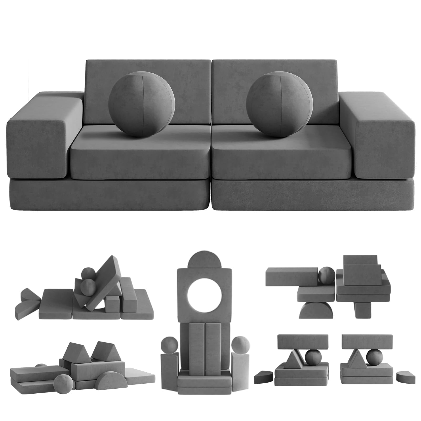 Kids Couch, 12PCS Toddler Couch with 2 Balls and Tunnel, Modular Kids Couch for Playroom, Kids Play Couch for Kickball Game, 30+ Creative Gameplay Couch for Kids (Darkgray)