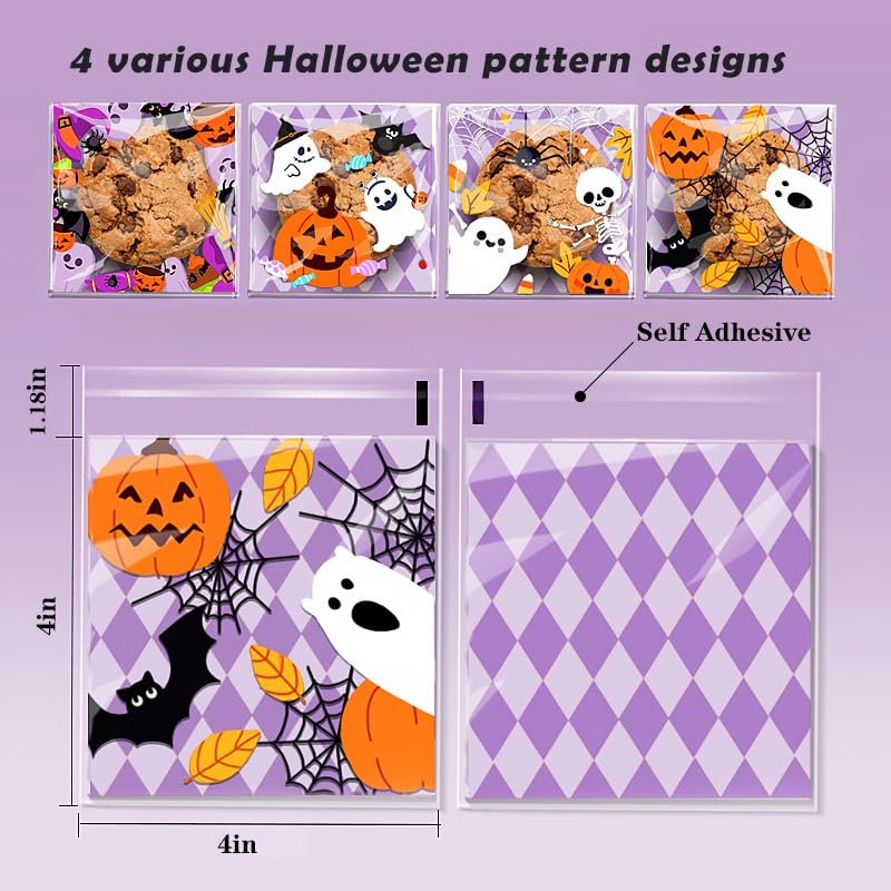 Wocuz Halloween Cellophane Bags Biscuit Roasting Treat Bags Individual Wrappers Self Adhesive OPP Cookie Bakery Present Gift DIY Candy Decorating Favor Bags (4x4 Inch, 200Pcs)